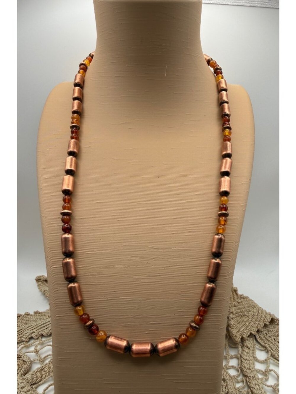 Artisan crafted Amber Copper Barrel Beaded Necklace Southwest Rustic Boho chic